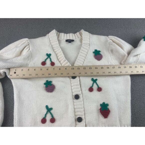 Rails Cardigan Women M Cream Button Front Cherry Strawberry Knit Puff Sleeve - Picture 8 of 11